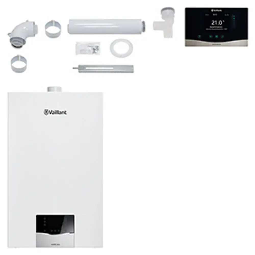 Vaillant Heizgerät in Weiß, ergänzt durch Zubehörteile wie Rohre, Befestigungen und Steuerungseinheit. Geeignet für Heiz- und Warmwasseranwendungen.